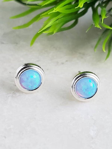 Sosie Designs - #ST110 Silver Fire Opal Bezel Studs - Azure Blue
