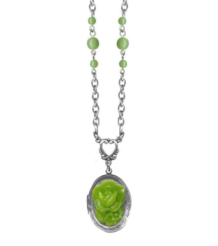 Classic Hardware - Necklace - Retrolite Single Rose on Locket: Green Opal
