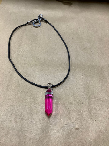 Pink Crystal Necklace on leather chain with recycled aluminum clasp.
