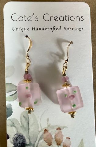 Square Pink Beaded Earrings with Dot Detail by Caitlin