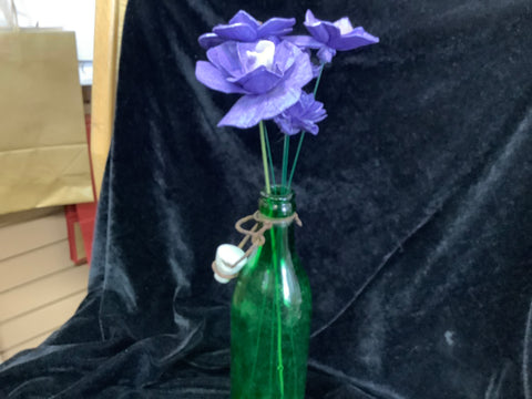 Vintage Green Soda Bottle with 5 Purple Wood Flowers by Kellee