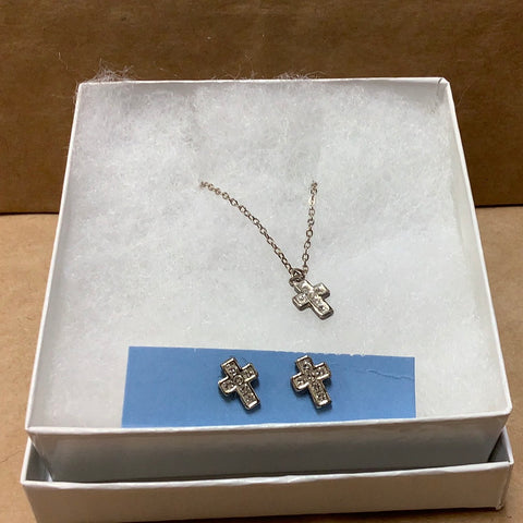 Silver Cross Necklace and Earrings with clear stones.