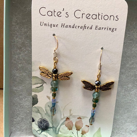 Gold with shades of blue beads Dragonfly Earrings by Artist Caitlin