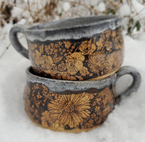 Turtle Hollow Pottery - Flower Garden soup bowl in snow storm glaze