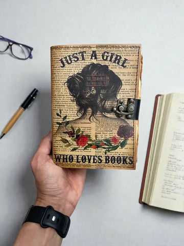 Leather Journal Vintage Notebook with Just A Girl Print