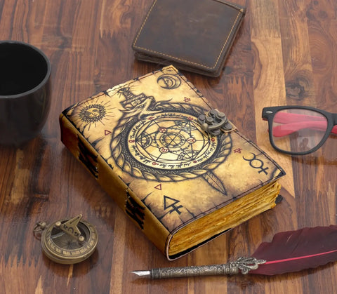 - Vintage Leather Journal Notebook Diary with Compass Print