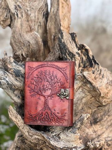 Tree Embossed Leather Journal diary with 200 Handmade pages  Red