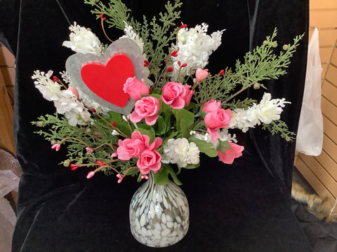 Valentine Themed Vase with Silk Flowers and a Heart Decorations by Lisa
