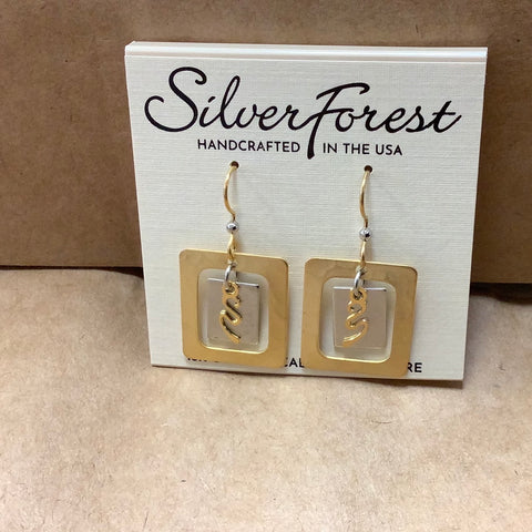 NE-2145 2 Squares with Squiggles gold and silver 18k on Surgical Steel.  Handcrafted by Silver Forest in Bellow Falls Vermont.