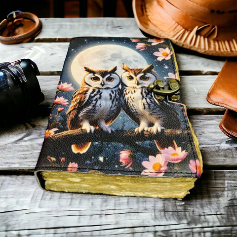 Leather Journal Blank Vintage Notebook with Two Owl Print