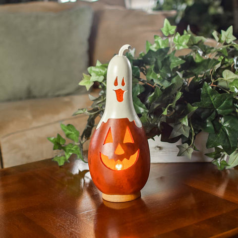 Meadowbrooke Gourds - Casper Jack Small Tall Lit Jack-O-Lantern Handcrafted Gourd