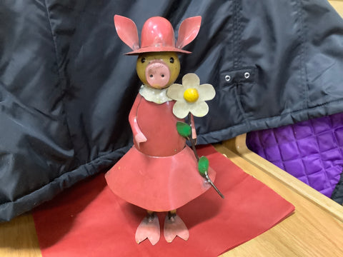 Recycled Tin Girl Pig with Flower