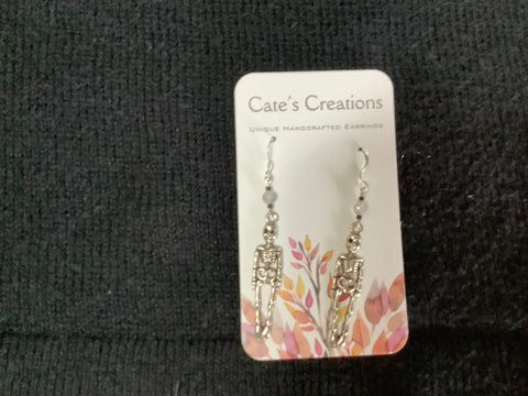 Silver Skeleton Earrings by Caitlin (White Bead)