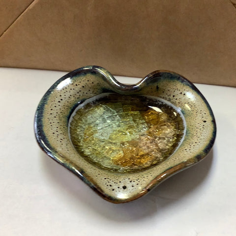 Little  beige dish  with black specks.  Colorful recycled glass in center. Great gifts for any event.  Made in Colorado.  3 1/2” diameter.