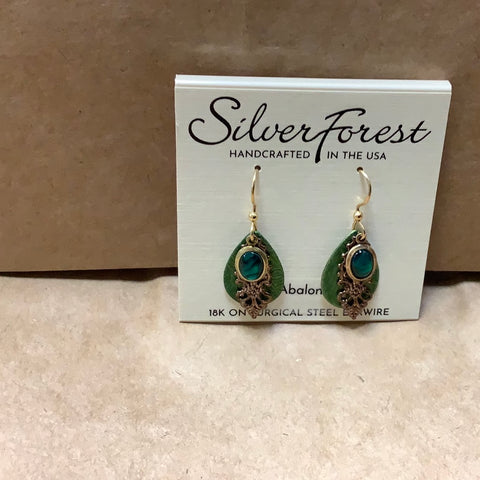 NE-0936 Green disc with green Abalone and gold design handcrafted by Silver Forest in Vermont. 18k on Surgical Steel Ear Wire.
