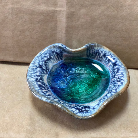 Handmade heart shaped  little dish from Pottery and recycled glass in Colorado.  3 1/2 “ in diameter.  Makes a great gift or use as a ring holder, coins, incense,votive many more things.