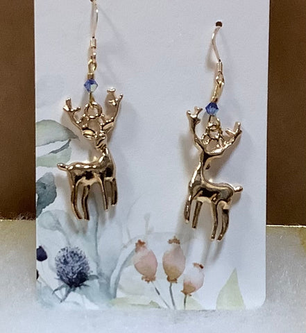 Gold Reindeer Earrings with a Tiny Blue Bead by Caitlin