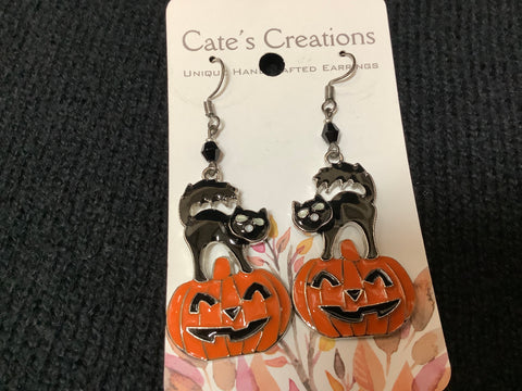 Hissing Black Cat on a Jack-O-Lantern Earrings by Caitlin