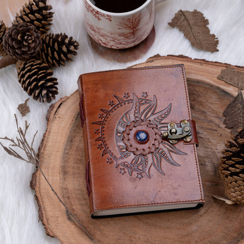 Embossed Leather diary with Sun and moon Stone 200 Travel Journal