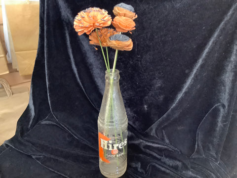 Vintage “Hires” Soda Bottle with 5 Orange Wood Flowers by Kellee