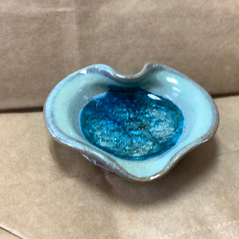 Handmade heart shaped little dish from Pottery and recycled glass in Colorado.  3 1/2 “ in diameter.  Makes a great gift or use as a ring holder, coins, incense,votive many more things.