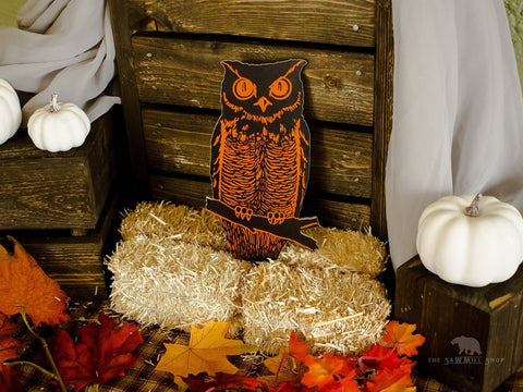 Halloween Black and Orange Owl on Branch Wood Cutout: 8x5