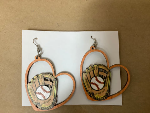 Baseball Mitt within a Wood Heart(white baseball) Earrings by GG