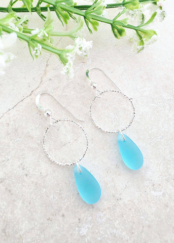 Sosie Designs - Cultured Sea Glass Diamond Cut Teardrop Earrings - Turquoise