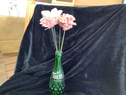 Vintage Soda Bottle “TEEM” with 5 Peach/White Wood Flowers by.  Kellee