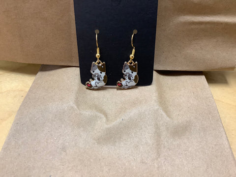 Calico cat gray brown and white earrings by artist Jen G.