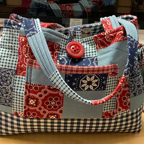 Gingham check and handkerchief patterns hand bag by Local Artist Carol
