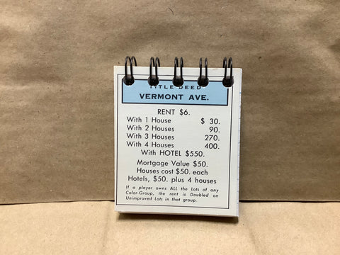 Vermont Ave. Monopoly Property Card Mini Notebook Journals