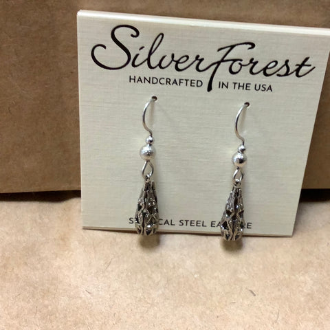 NE-1625 Silver Briolette Shape and Bead on Surgical Steel Wires. Handcrafted by Silver Forest in Vermont.