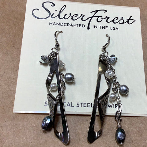 NE-1159A Silver Stamped with various colored beads and pearls on Surgical Steel Ear Wire.  Handcrafted by Silver Forest in Bellow Falls Vermont.