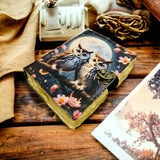 Leather Journal Blank Vintage Notebook with Two Owl Print