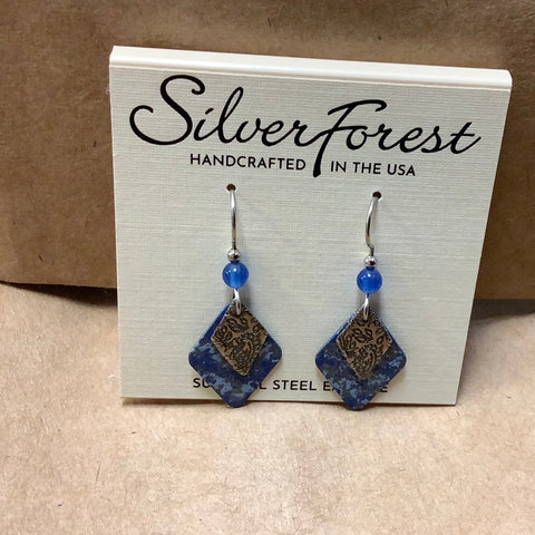 NE-0896 Silver Diamond Duo on Surgical Ear Wire.  Handcrafted by Silver Forest in Bellow Falls Vermont.