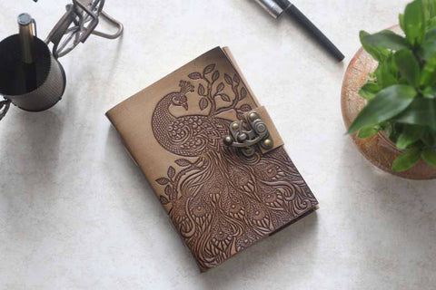 Peacock Embossed Leather Journal diary with 200 pages