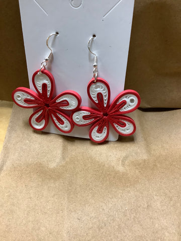 Quill art earrings. Red and white made by local artist Autumn.