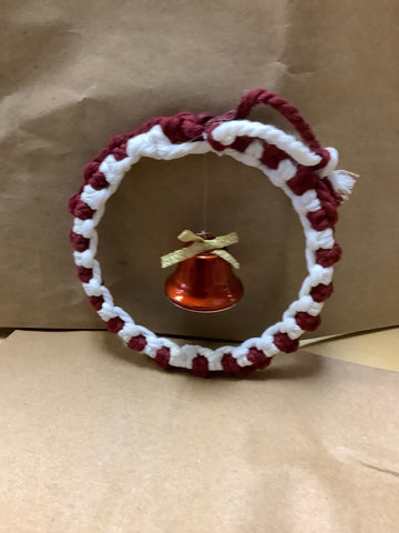 Burgandy  and White Crocheted ornament with a Bell by artist Nancy