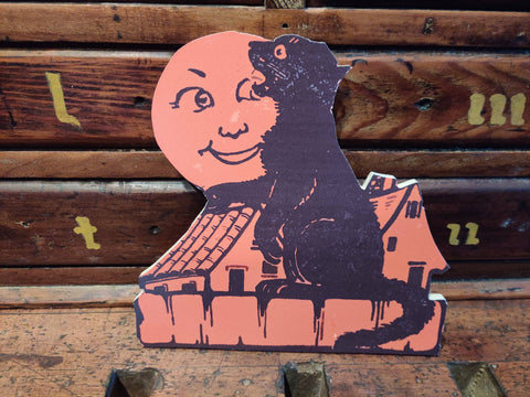 Cat with House and Full Moon Halloween Wood Cutout: 8x8