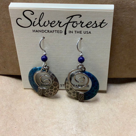 E-9507B Silver Blue Spiral with Bead on Surgical Steel Ear Wires.  Handcrafted by Silver Forest Bellows Falls Vermont.