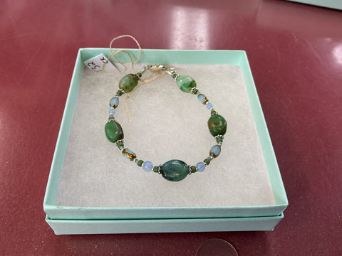 Beaded Blue and Greens Bracelet with Silver Findings  by Caitlin