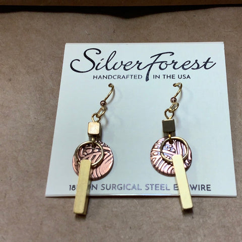 NE-2174 Artistic Mixed Metal Drop.   18k on Surgical Steel Ear Wire. Handcrafted by Silver Forest in Bellow Falls Vermont.