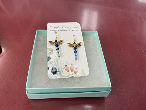 Blue Beaded Dragonfly Earrings with Gold Findings  by Caitlin