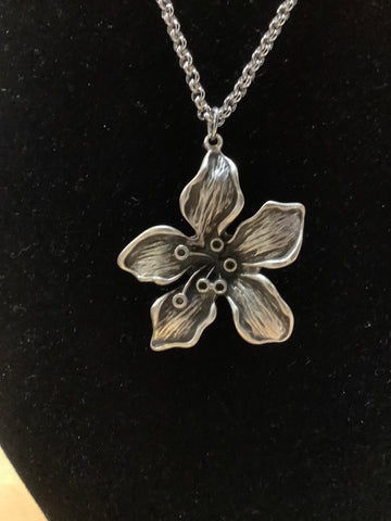 Silver Flower Necklace with a branch of leaves