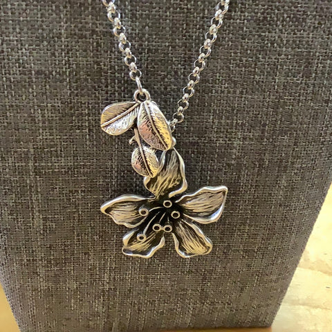 Silver Flower Necklace with a branch of leaves