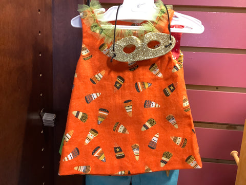 Candy Corn Dress with Gold Glitter Mask by local artist Carol