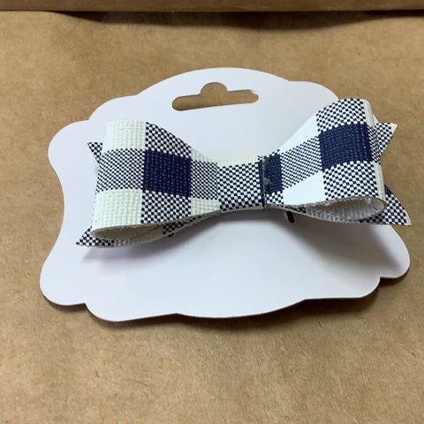 Blue and white gingham faux leather ribbon on barrette by Barbie.