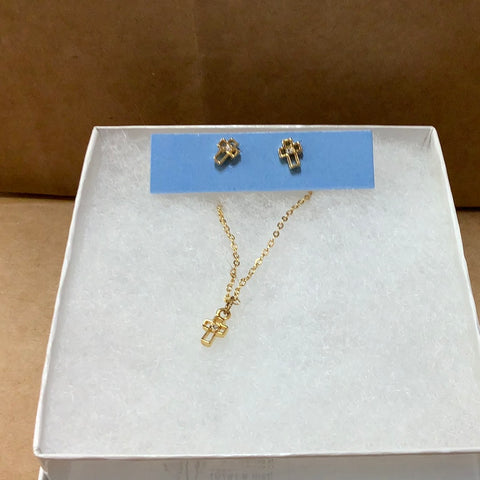 Gold Cross and Necklace.  Earrings have clear stone in them.