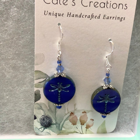 Royal Blue with Light Blue Dragonfly Earrings with Light Blue Bead by Artist Caitlin.